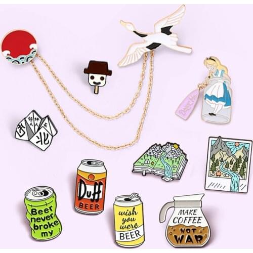 Fashion Enamel Pins Alice in Wonderland Duff Beer Can Coffee pot Camping Outing photo book Brooches Badges For Friends Wholesale