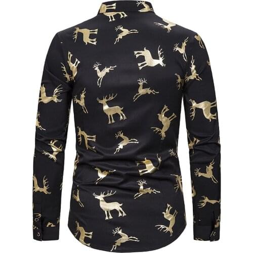 Men Elk Printed Gold Bronzing Christmas Shirt Casual Slim Fit Henry Collar Chemise Homme Men Shirts Long Sleeve Party Prom