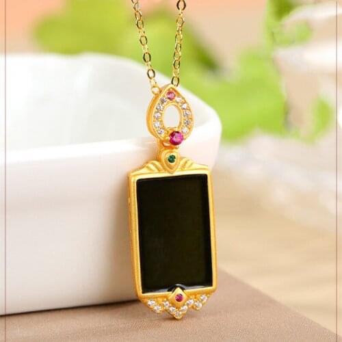 Natural Gold Inlaid Jade Ancient Gold S925 Silver Inlaid Hetian Jade. AAA Zircon Pendant Women
