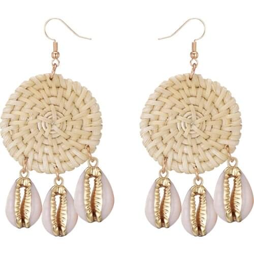 New Beach Sea Natural Shell Charms Bamboo Braid Drop Earrings Bohemian Rattan Lightweight Earings Geometric Statement Earring