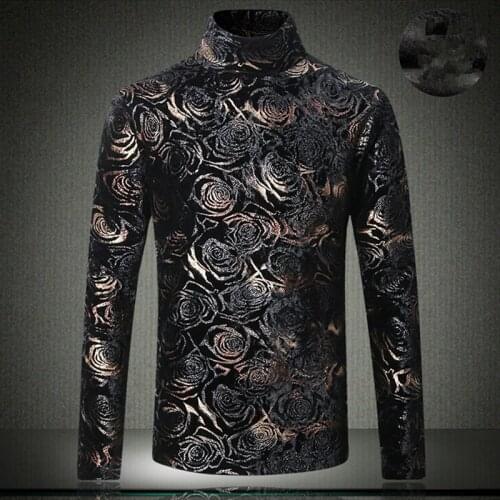 Autumn Winter Velvet 2020 Thicken Men T shirts 5XL Long Sleeve Floral Half Turtleneck Vintage Style Tees Plus Size XXXXXL #9912