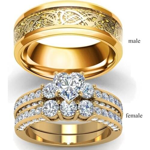 Couple Rings - Women Exquisite Rhinestones Zirconia Rings Set Fashion Mens Dragon Stainless Steel Ring Jewelry For Lover Gifts