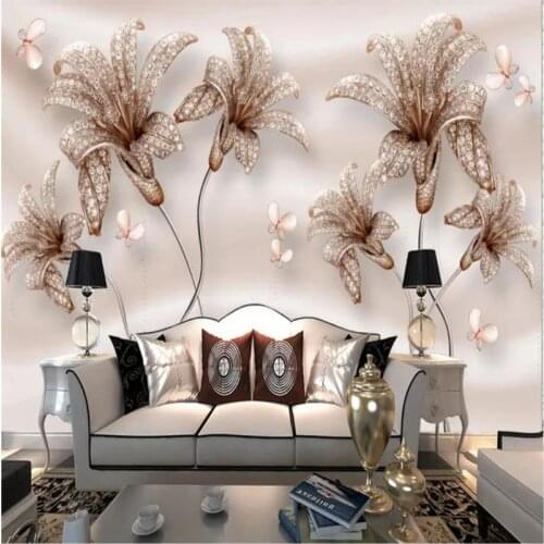 Custom wallpaper 3D embossed jewelry flower lily flower TV background wall high-grade waterproof material