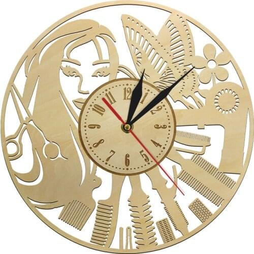 Beauty Salon Barber Shop Natural Wood Wall Clock Creative Design Fashion Girl Timepieces Quartz Movement Wooden Wall Decor Clock