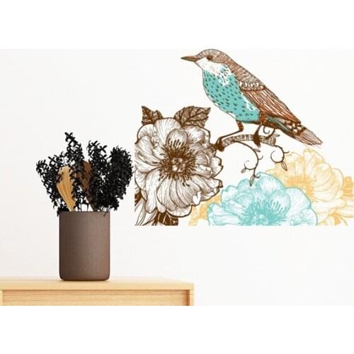 Freehand Sketch Flower Bird Blue Black Removable Wall Sticker Art Decals Mural DIY Wallpaper for Room Decal