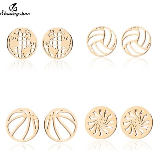 Shuangshuo Gold Origami Stainless Steel Stud Earrings Fashion Punk Geometric Jewelry Volleyball Basketball World Map Earings
