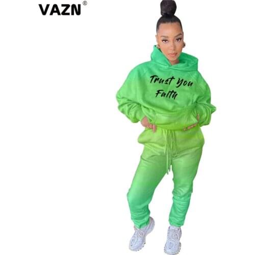VAZN 2020 Autumn Winter High-end Young Letter Casual Daily Tracksuits Hooded Full Sleeve Top Long Pants Slim Women 2 Piece Set
