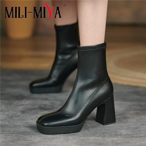 MILI-MIYA Women Ankle Boots New Square Toe Thick High Heels Platform Zipper Classic Office Ladies Breathable Beige Retro Shoes