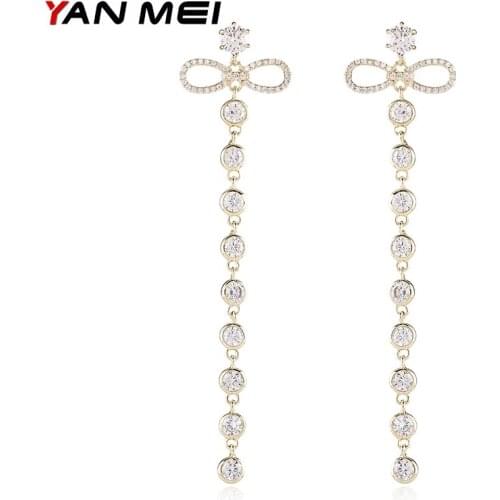 YANMEI CZ Bowknot Dangle Earrings For Women Crystal Rosette Korean Design Bow-knot Brincos Arco Long Earring Accessories YME7581
