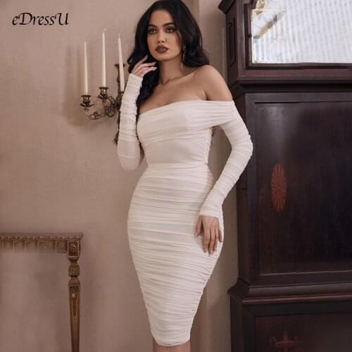 EDressU Women Sheath Evening Party Dress Off Shoulder Long Sleeves Bandage Bodycon Dress Sexy Elegant Vintage Night Wear MS-1225