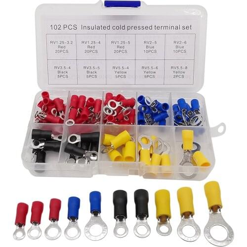 102Pcs/Box 10Kinds RV Ring Terminals Electrical Crimp Wire Connector Insulated Cold Pressed Terminal End Butt Assortment Kit