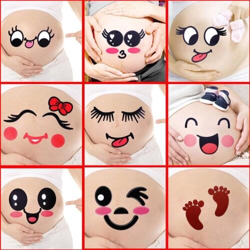 2Pcs Cute Cartoon Expression Pregnant Facial Stomach Belly Sticker Photo Prop