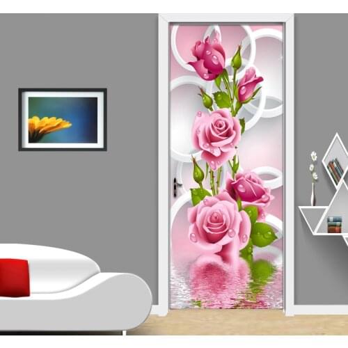 2 Pcs/Set 3D Rose Flower Creative Door Stickers DIY Wall Mural Bedroom Home Decor Poster PVC Waterproof Door Sticker Wallpaper