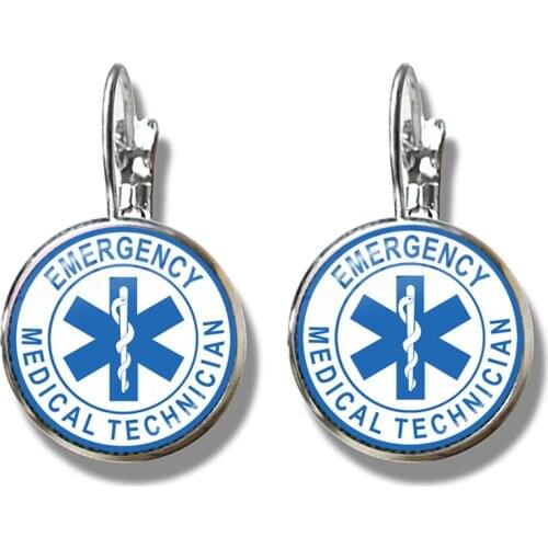 Emergency Medical Technician Paramedic Symbol Logo French Hook Earrings 16mm Glass Cabochon Blue Star of Life EMT Sign Jewelry