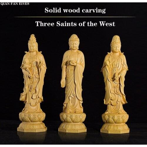 Solid wood three-piece Buddhist Guanyin wood carving statue Hand carved sculpture Home living room loft feng shui statue