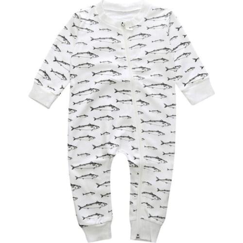Spring Autumn Romper Cartoon Salmon Print Newborn Baby Boy Girl Long Sleeve Cotton Romper Jumpsuit Outfit Baby Boutique Clothing