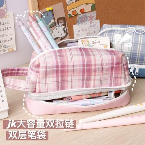 Double Layer Plaid Canvas Pencil Case Kawaii Bow Big Pencil Box Large Capacity Fabric Pencil Box Girl Stationery Case D50