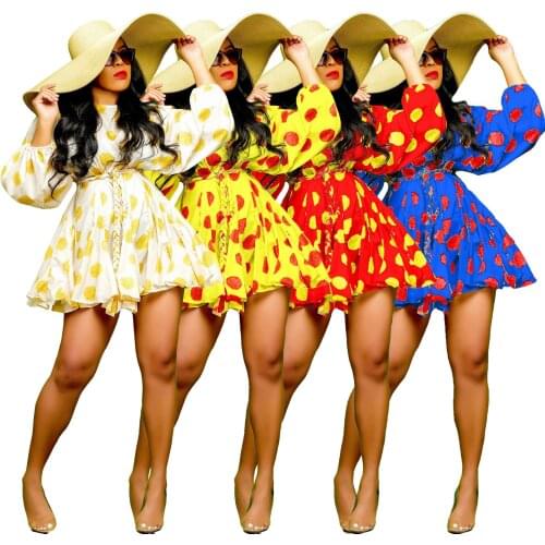 INS Hottest Women Dot Printing A-line Dresses Charming O-neck Lantern Sleeve High Waist Sashes Lace-up Mini Dress 2021 Summer