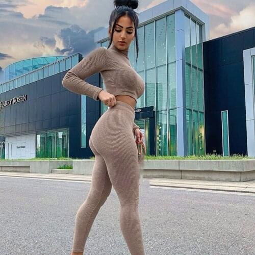 2 Piece Sets Women Sexy Knit Suit Slim Long Sleeve Sexy Navel Tops And Pants Tracksuits Long Pants Trousers Club Outfits