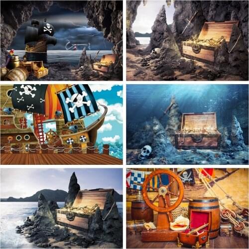 Laeacco Pirate Ship Skull Island Treasure Parrot Theme Backgrounds Child Poster Portrait Birthday Party Photography Backdrops
