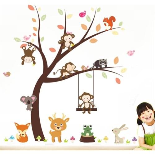 Cute Monkey Fox Birds Animals Tree Wall Sticker For Kids Room Home Decoration Cartoon Safari Mural Art Big Decals Pvc Posters