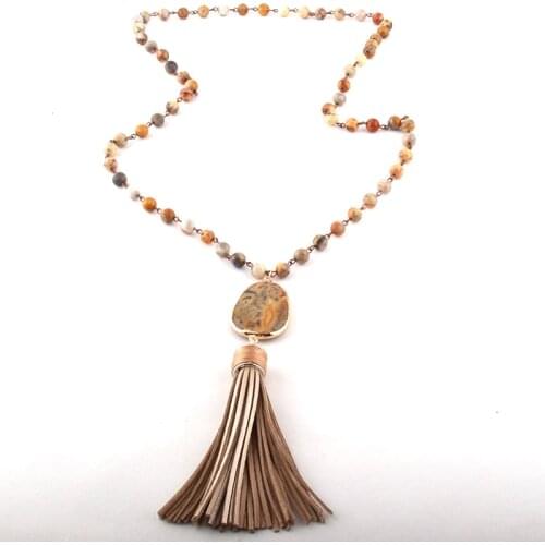 MOODPC Fashion Bohemian Tribal Jewelry Natural Semi Precious Rosary Chain Stone Link Druzy Tassel Pendant Necklace