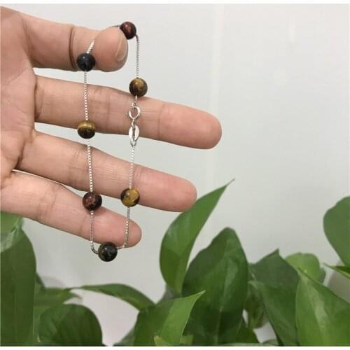 Natural 6 mm 3 colors red blue and yellow tigers eye stone 925 sterling silver bracelet 7 inches