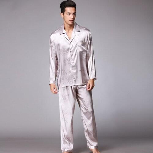 New 2pcs Chinese Mens Satin Silk Turn-down Collar Pajamas Sets Long Sleeve Pyjama Suits Casual Sleepwear Pijama B-6754