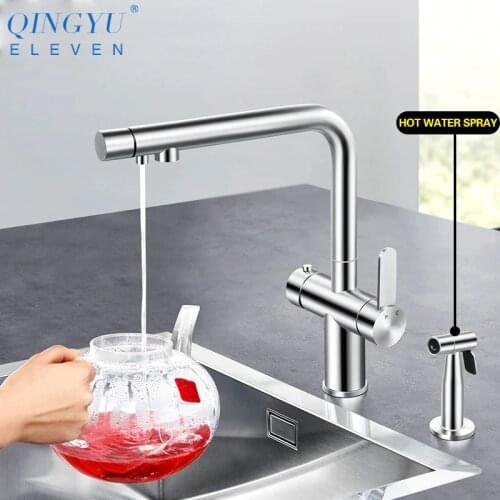 New Brushed Kitchen Faucet 304 Stainless Steel Hot And Cold Water Filter Drinking Water With Hot Water Spray Gun 3 In 1 Faucet