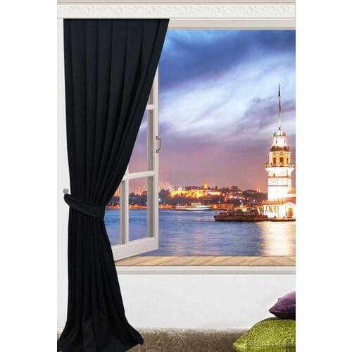 Nature Curtain Fabric Lace-Up Canvas Pleated Backdrop Curtain Black 90x260 cm