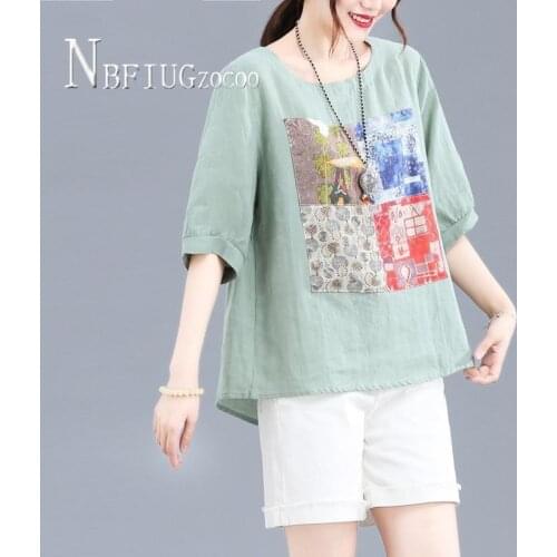 Plus Size Summer Cotton Linen Retro Women Blouse Bowknot Loose Female Blouses
