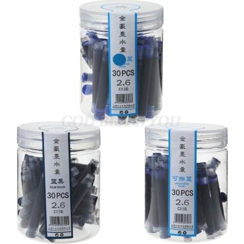 30Pcs/Lot JINHAO 2.6mm Caliber Universal Replaceable Black and Blue Fountain Pen Portable Ink Cartridge Refills