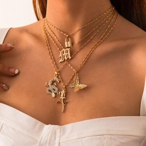 S2074 Fashion Jewelry Multi Layer Pendant Necklaces Lock Rose Butterfly Dragon Chain Necklace