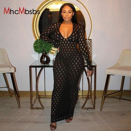 Sexy Black Hollow Out Holes Maxi Dress Women Long Sleeve Bodycon See Through Birthday Robes Party Club Beach Dresses 2021 Summer