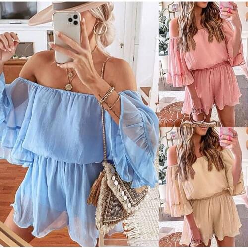 Sexy Women Beach Solid Playsuits Patchwork Design Ruffles Decor Slash Neck Short Sleeve High Waist Loose Jumpsuits