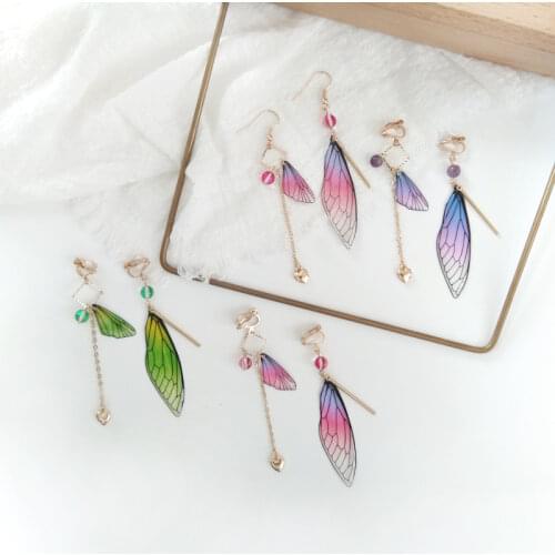 Temperament Fairy Butterfly Earrings Wings Long Drop Earrings Dreamy Gradient Color Asymmetric Earrings Romantic Bridal Jewelry