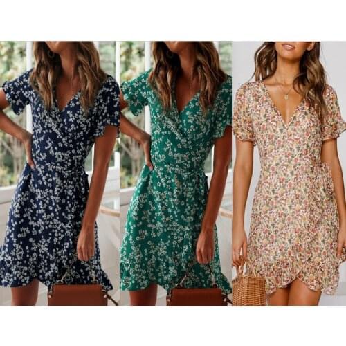 Chiffon Womens Clothing 2021 Fashion Floral Dress Sweet Mini Dress V-Neck Robe Femme With Short Sleeve Vestidos De Mujer Casual