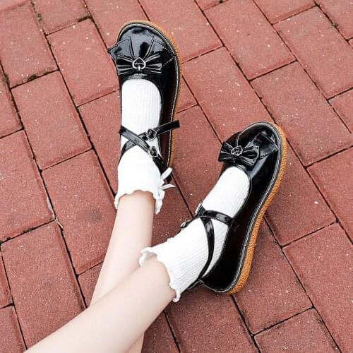Lolita Shoes Cross-tied Buckle Girls Shoes Bowtie Mary Janes Shoes For Woman Flats Black Cute Student zapatos mujer Spring 8726L