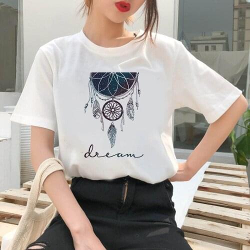 Dreamcatcher casual O-neck top shirt Womens T-shirt retro T-shirt ladies Harajuku short-sleeved Flower Earrings printed T-shirt