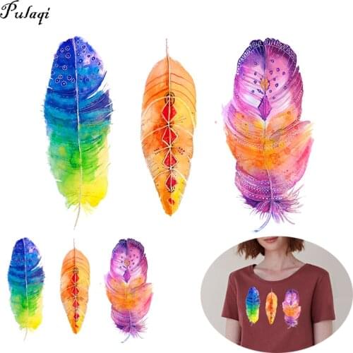 Pulaqi Gorgeous Colorful Feathers Iron-on Transfers Patches For Clothing Stripe Heat Thermal Applique Transfer For T-shirt Patch