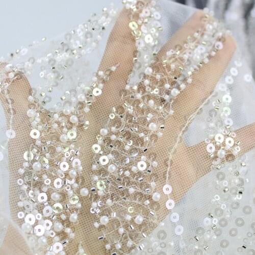 High End Bridal French Net Pearl Beaded White Lace Wedding Fabric Luxury Quality Sequins Embroidery Sequence Glitter Tulle Voile