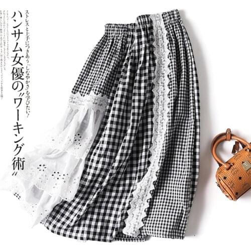 Spring New Mori Girl Japanese Black White Grid Stitching Lace Skirt Elastic Waist Mid-Length Retro A-Line Skirt Female
