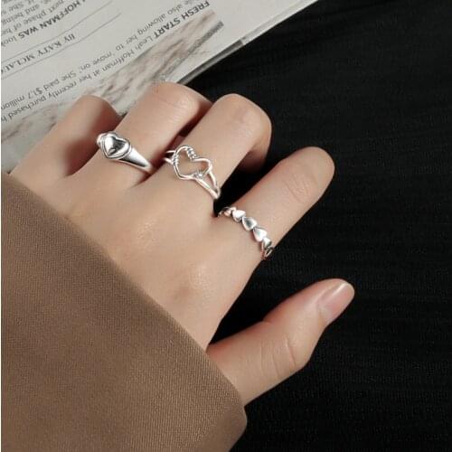 100% Real 925 Sterling Silver Love Heart Rings Dainty Adjustable Open Ring Fine Jewelry for Women