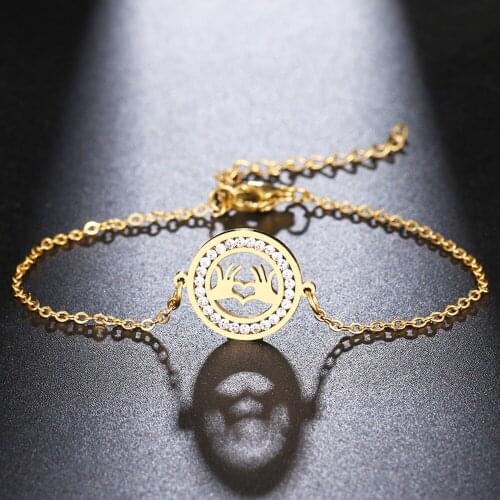 CACANA 316L Stainless Steel For Women Crystal Bracelet Hands Like Heart Round Bracelets Gold Color Engagement Gifts Jewelry New