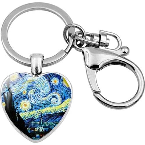WG1pc Van Gogh Star Moon Night Sunflower Keychain Heart-shaped Pendant Metal Lobster Buckle Keyring For Women Bag Jewelry