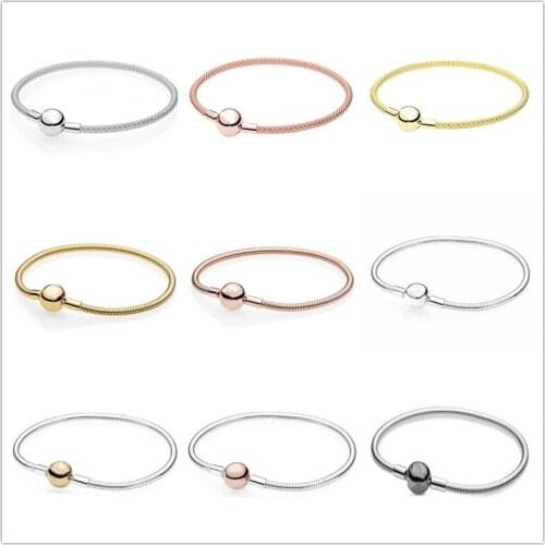 925 Sterling Silver Gold Color Moments Smooth Ball Clasp Snake Chain Pan Bracelet Fit Bead Charm Jewelry