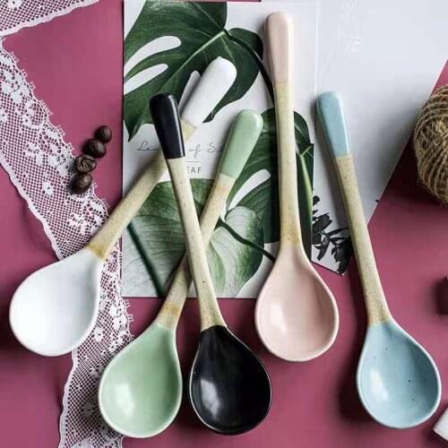 Ceramics Soup Spoon Long Handle Cute Tableware Kitchen Dessert Samll Round Headed Homehold Stoneware Color Glaze Stirring Coffee