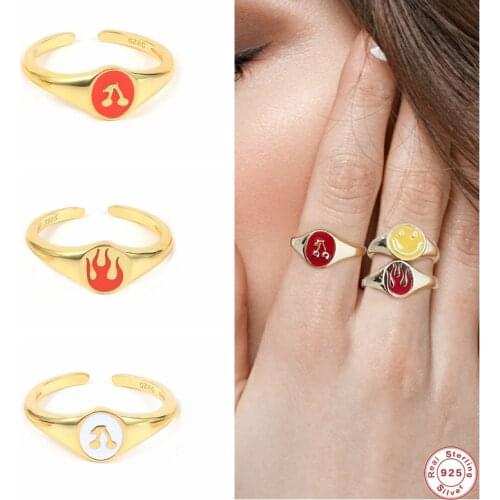 GS 925 Sterling Silver Colored Enamel Cherry Flame Pattern Adjustable Rings 2021 Trend Drop Oil Opening Ring Rock Punk Jewelry