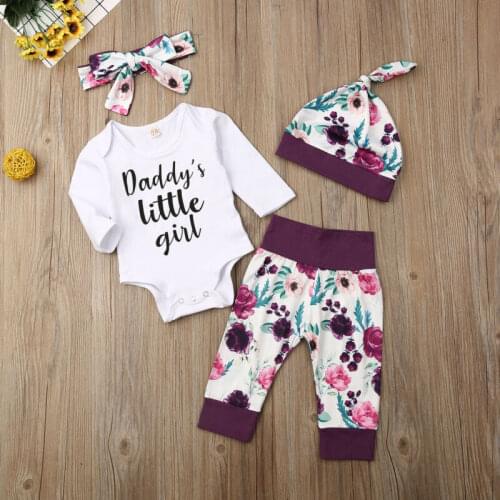 2020 Newborn Baby Little Girl Romper Long Pants Hat Outfit Clothes 4PCS Set New Fashion Baby Clothing