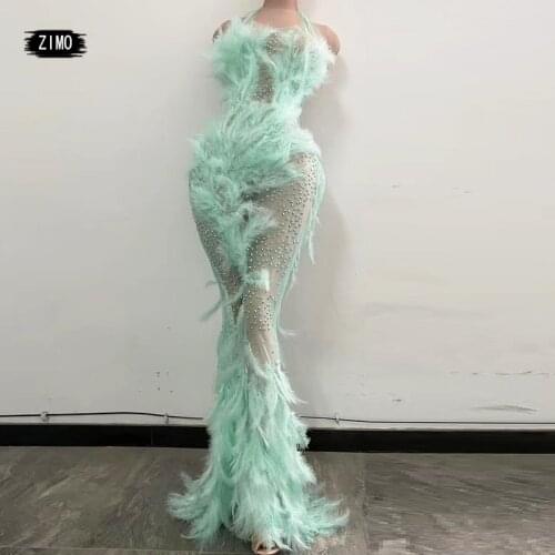 Sexy Rhinestone See Through Mesh Mermaid Long Dress Women Halter sheer Evening Party green Feathers Dress Singer Stage Clothing